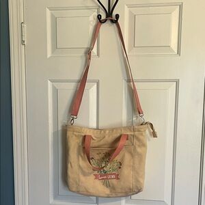 American Girl Beige Canvas Tote with Pink Straps and Floral Graphic